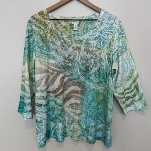 Chico's Mixed Print Embellished 3/4 Sleeve Top Artsy Boho Zebra Green XL Size 3